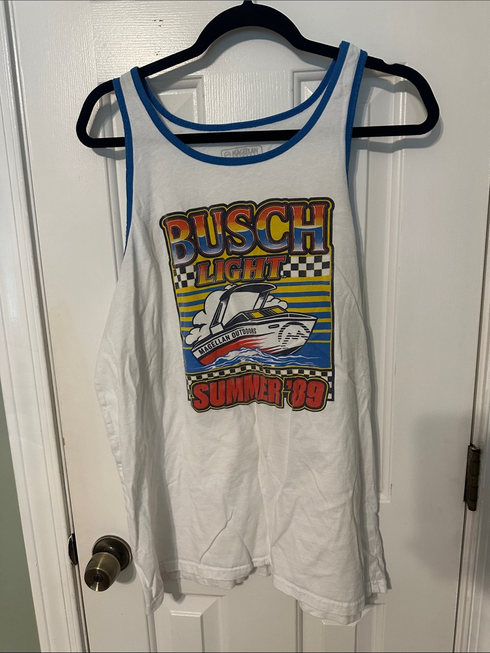 Magellan Outdoors White Tank Top with Blue Trim and Colorful Boat Graphic